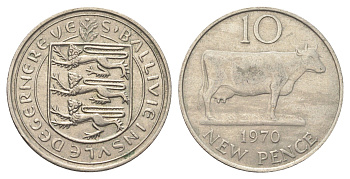Гернси 10 новых пенсов 1970 Гернсийская корова KM 24 медно-никель 4692-1011