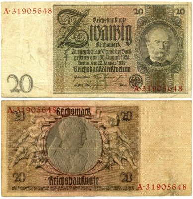 ГЕРМАНИЯ 20 РЕЙХСМАРОК 1929 Pick 181a бумага 3295-76-3
