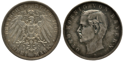 Бавария 3 марки 1909 Отто (1886-1913) Weege 45, J. 47, KM 515 серебро 3711-1923