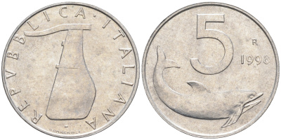 Италия 5 лир 1998 R, дельфин KM 92 алюминий  UNC  4594-931