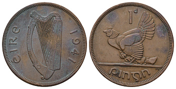 Ирландия 1 пенни 1941 курица с цыплятами KM 11 бронза 4512-931
