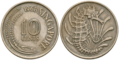 Сингапур 10 центов 1968 морской конек KM 3 медно-никель 4608-912