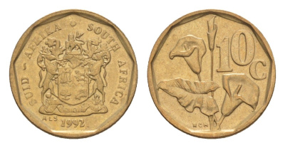 ЮАР 10 центов 1992 герб, цветок алоэ KM 135 сталь плакированная бронзой UNC 4596-168