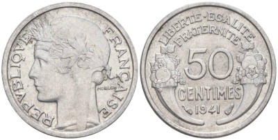 ФРАНЦИЯ 50 САНТИМОВ 1941 ТИП MORLON LOURDE KM 894.1a, LE FRANC 193.2 алюминий 44-319