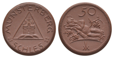 Мюнстерберг 50 пфеннигов ND (1921) Men05 18133.14, Scheuch 204a фарфор 1094-6-14