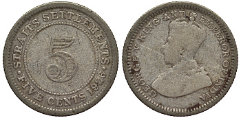 Стрейтс-Сетлментс 5 центов 1926 Георг V (1910-1936) КМ 36 серебро 53-532