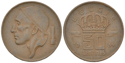 Бельгия 50 сантимов 1954 Belgie, Бодуэн I (1951-1993) KM 145 бронза 4618-224