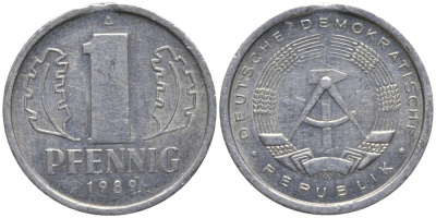 ГДР 1 пфенниг 1989 А, монетный двор Берлин KM 8.2 алюминий 116-537