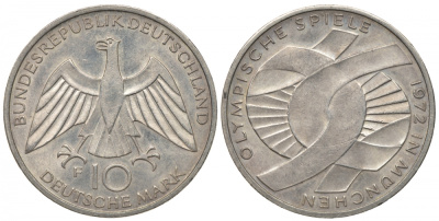 ФРГ 10 марок 1972 F, XX летние Олимпийские игры 1972 года в Мюнхене, символика KM 131, J.402 серебро 413-5135