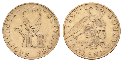 Франция 10 франков 1988 100 лет со дня рождения Ролан Гарроса (1888-1918) KM 965, Le Franc 372.3 никель латунь aUNC 4676-1143