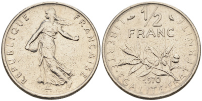 Франция 1/2 франка 1970 сеятель KM 931.1 никель    4169-152