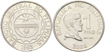 Филиппины 1 писо 2004 KM 269a сталь плакированная никелем 4122-322
