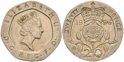Великобритания 20 пенсов 1996 Елизавета II (1952-2022) KM 939, Spink 4361 (G2) медно-никель 4573-1117