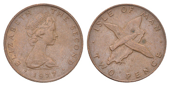 Остров Мэн 2 пенса 1977 птица, Елизавета II (1952-2022) KM 34 бронза 4703-1035