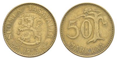 Финляндия 50 марок 1953 KM 40 алюминиевая бронза 4648-645