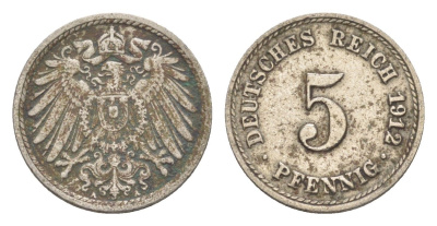 Германия 5 пфеннигов 1912 A, Вильгельм II (1888-1918) KM 11, J. 12 медно-никель 4647-866