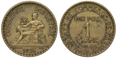 Франция 1 франк 1921 тип Chambres de Commerce KM 876, Le Franc 218.3 алюминиевая бронза 4128-251