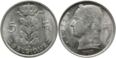 Бельгия 5 франков 1972 Belgique, Бодуэн I (1951-1993) KM 134.1 медно-никель 98-644