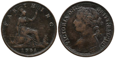 Великобритания 1 фартинг 1881 Виктория (1837-1901) KM 753, Spink 3958 бронза  1518-1121