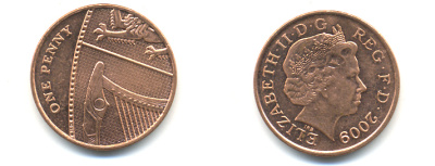 Великобритания 1 пенни 2009 Елизавета II (1952-2022) KM 1107, Spink B6 сталь плакированная медью 177-1158