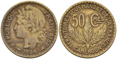 Французский Камерун 50 сантимов 1924 (а), монетный двор Париж KM 1 алюминиевая бронза 4164-1158