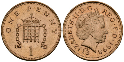 Великобритания 1 пенни 1998 Елизавета II (1952-2022) KM 986, Spink 4710 (B5) сталь плакированная медью 4167-1237