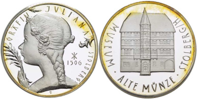 Штольберг (Харц) медаль 2006 Штольберг, музей старинных монет, графиня Юлиана 1506 год, в буклете, с описанием, диаметр 35 мм.  серебро  PROOF  6-5-3-37