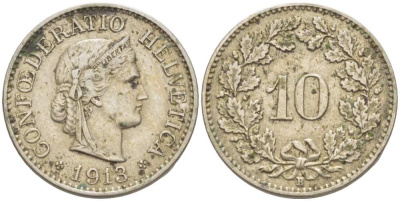 ШВЕЙЦАРИЯ 10 РАППЕНОВ 1913 В KM 27 медно-никель 4513-223