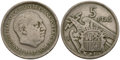 Испания 5 песет 1957 (60) Франсиско Франко (1939-1975) KM 786 медно-никель 186-444