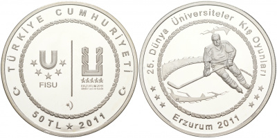 Турция 50 лир 2011 XXV зимняя Универсиада в Эрзурум 2011 года, хоккей KM NEW серебро PROOF 11-037-23