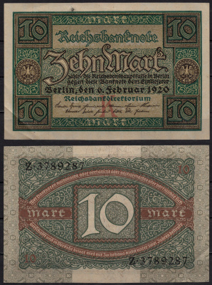 Германия 10 марок 1920 Pick 67a бумага 8602-33-3-2