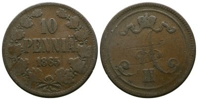 РОССИЯ ДЛЯ ФИНЛЯНДИИ 10 ПЕННИ 1865 АЛЕКСАНДР II Биткин 651 медь 4382-843