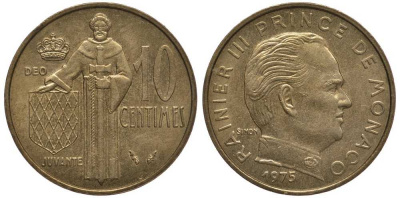 Монако 10 сантимов 1975 Ренье III (1949-2005) KM 142 алюминиевая бронза 113-817