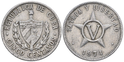 Куба 5 сентаво 1971 KM 34, JMA 45, Y 28, Schoen 32 алюминий 4114-222