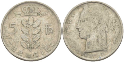 БЕЛЬГИЯ 5 ФРАНКОВ 1950 BELGIE, ЛЕОПОЛЬД III (1934-1950) KM 135.1 медно-никель 119-756