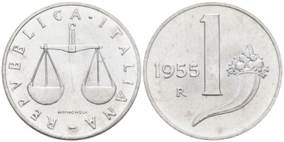 Италия 1 лира 1955 R, весы KM 91 алюминий  UNC  4594-654
