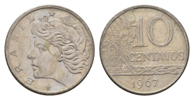 Бразилия 10 сентаво 1967 год-тип KM 578.1 медно-никель 4686-643