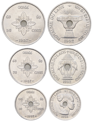 Лаос набор из 3 монет (10, 20 и 50 центов) 1952 KM 4, 5 и 6 алюминий UNC 4672-823-825