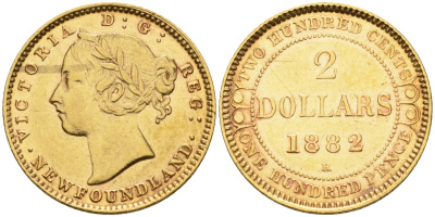Ньюфаундленд 2 доллара 1882 Н, Королева Виктория (1837-1901) KM 5 золото 10-020-28