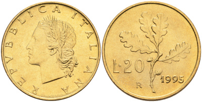 Италия 20 лир 1995 R, дубовый лист KM 97.2 алюминиевая бронза  UNC  4594-949