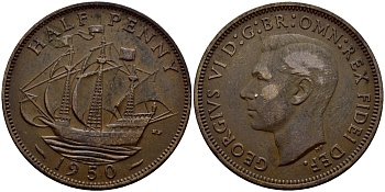 Великобритания 1/2 пенни 1950 Георг VI (1936-1952) KM 868, Spink 4118 бронза 62-1152
