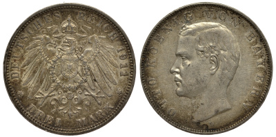 Бавария 3 марки 1911 Отто (1886-1913) Weege 45, J. 47, KM 515 серебро 3711-2025