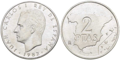 Испания 2 песеты 1982 Хуан Карлос I (1975-2014) KM 822 алюминий  UNC   65-857