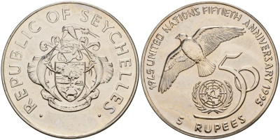 Сейшельские Острова 5 долларов 1995 50 лет ООН KM 89 медно-никель UNC 4125-722