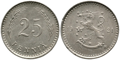 ФИНЛЯНДИЯ 25 ПЕННИ 1921 Н KM 25 медно-никель 4532-138
