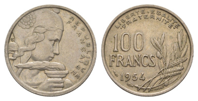 Франция 100 франков 1954 KM 919 медно-никель 4629-1022