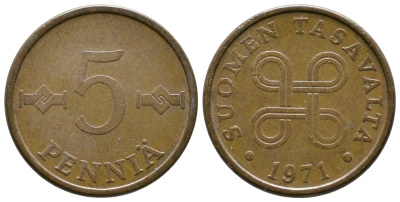 Финляндия 5 пенни 1971 KM 45 медь 220-248